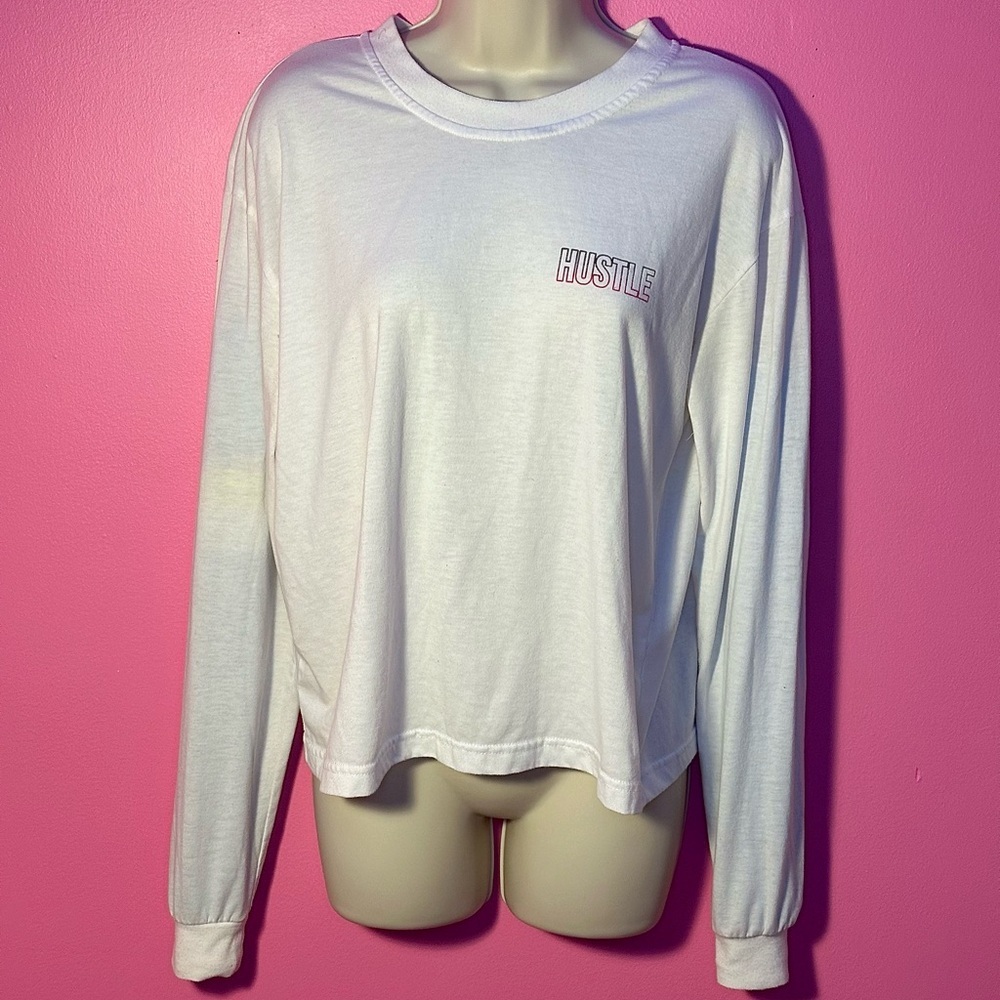 “HUSTLE” Long Sleeve Tee - White - Size Medium